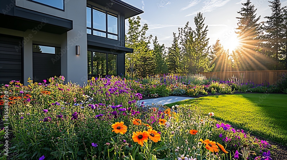 Obraz premium Modern Home Garden Landscape with Colorful Flowers and Bright Sunlight : Generative AI