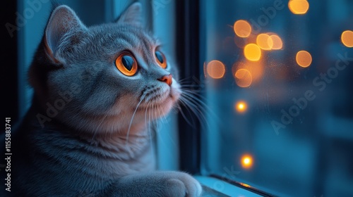 Cute cat gazes in wonder at glowing lights during a cozy evening at home