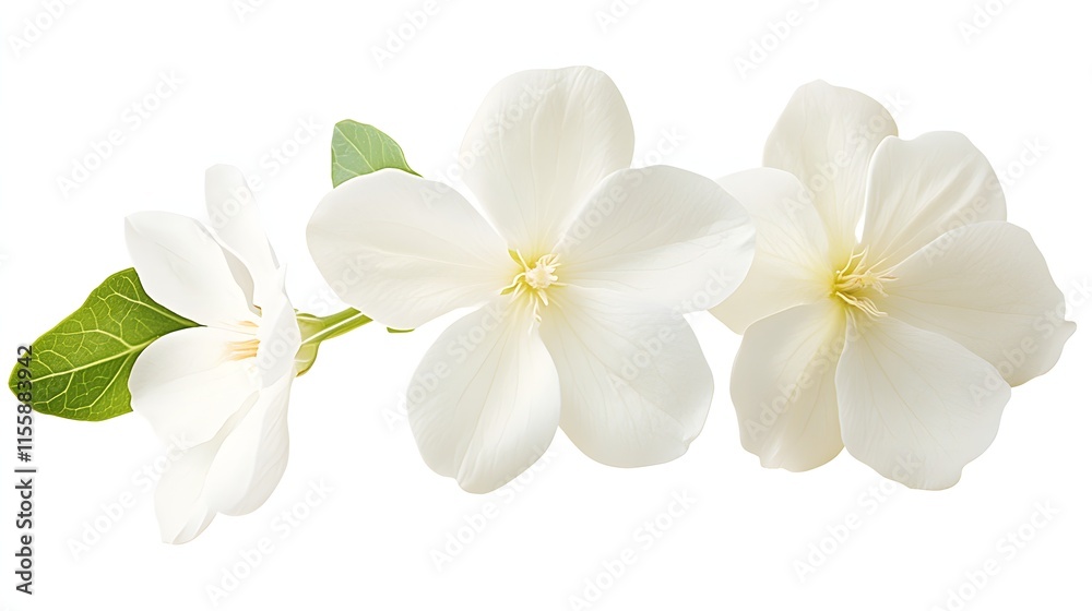 Fototapeta premium Three Delicate White Flowers with Green Leaves