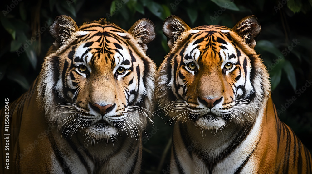 Majestic Pair of Tigers: Close-up Portrait of Two Wild Tigers in Lush Jungle Setting Majestic Pair of Tigers: Close-up Portrait of Two Wild Tigers in Lush Jungle Setting