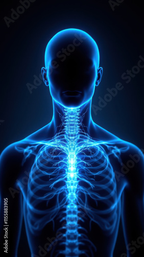 Vagus Nerve Stimulation (VNS) Illustration Showing Internal Structure of Neck with Visualization of Electrical Signals on Body. photo