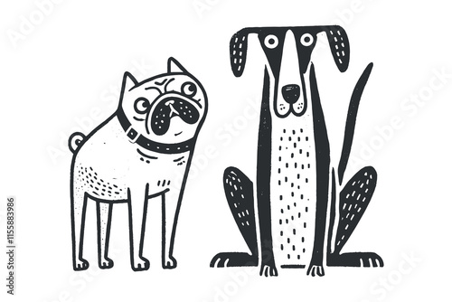 Two comical dogs. Bulldog and Great Dane. Black and white hand drawn primitive illustration