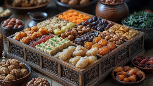 Traditional Middle Eastern sweets displayed on an ornate wooden tray with var...