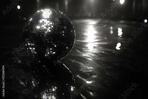 Shimmering disco ball reflecting light at night in an urban setting