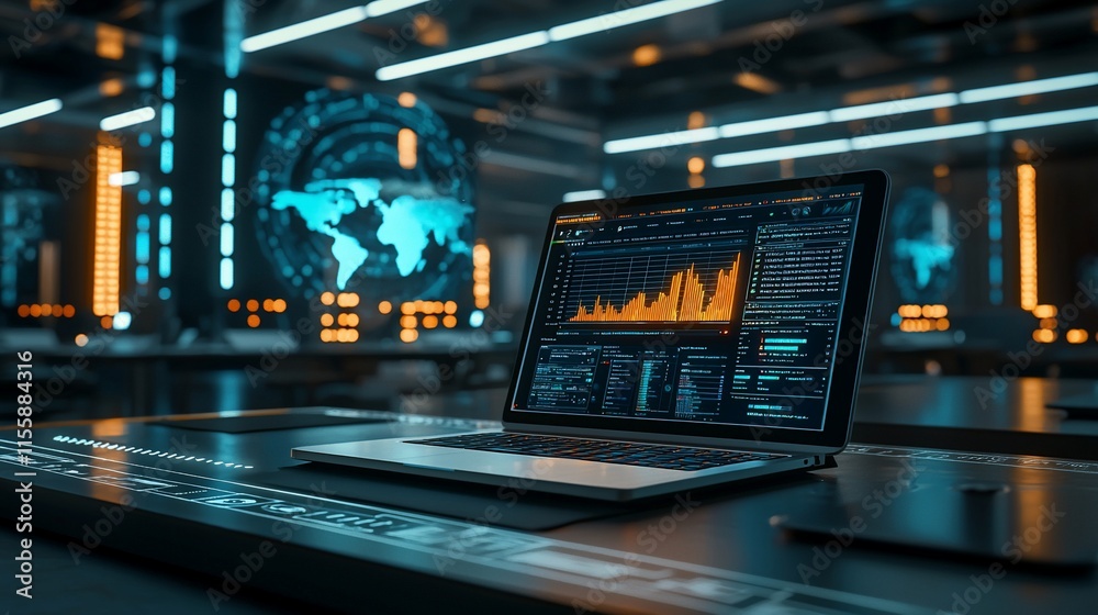 Laptop displaying data analytics in futuristic office. Laptop displaying data analytics in futuristic office.