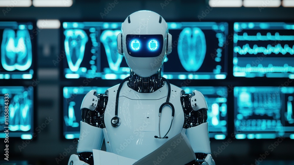 Advanced Medical Robot in High-Tech Examination Room with Displays Advanced Medical Robot in High-Tech Examination Room with Displays