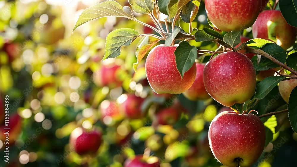 Bright red apples hanging on trees in an orchard during a sunny afternoon in late summer Bright red apples hanging on trees in an orchard during a sunny afternoon in late summer