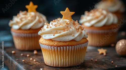 Delicious blue frosted cupcakes with moon and star decorations on a rustic wo...