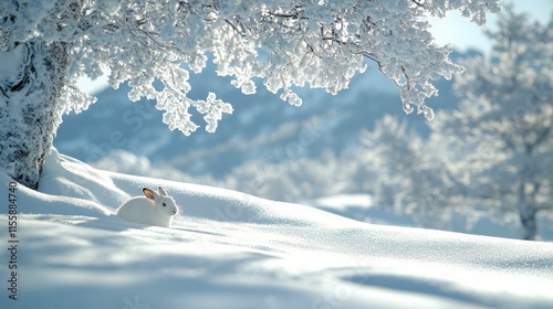 Snow-covered rabbit against a vibrant sunset in a winter landscape
