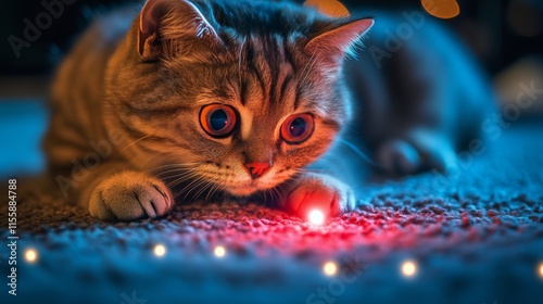 Cute cat gazes in wonder at glowing lights during a cozy evening at home