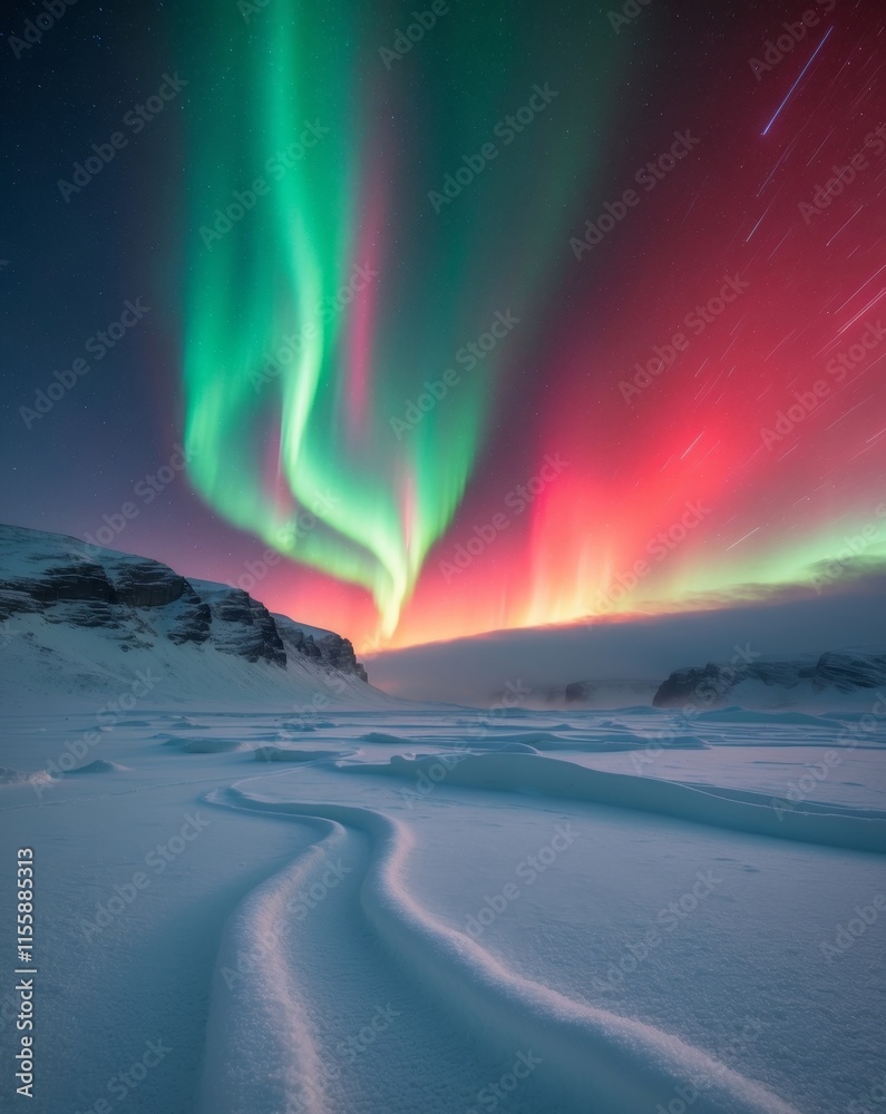 Naklejka premium Vibrant northern lights illuminate snowy Arctic landscape at night