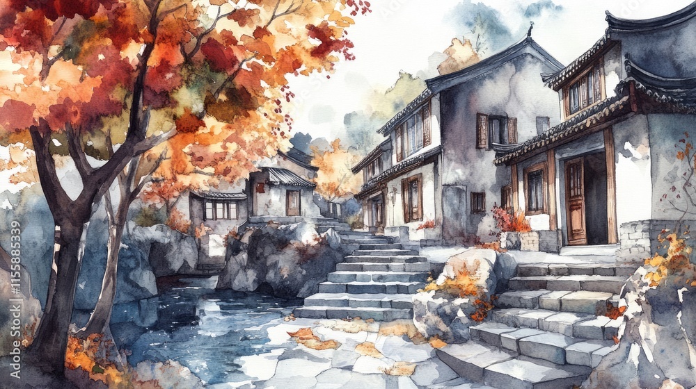 Surreal Watercolor Illustration of a Fantasy Village with Intricate Chinese Architecture by the Riverside in Autumn
