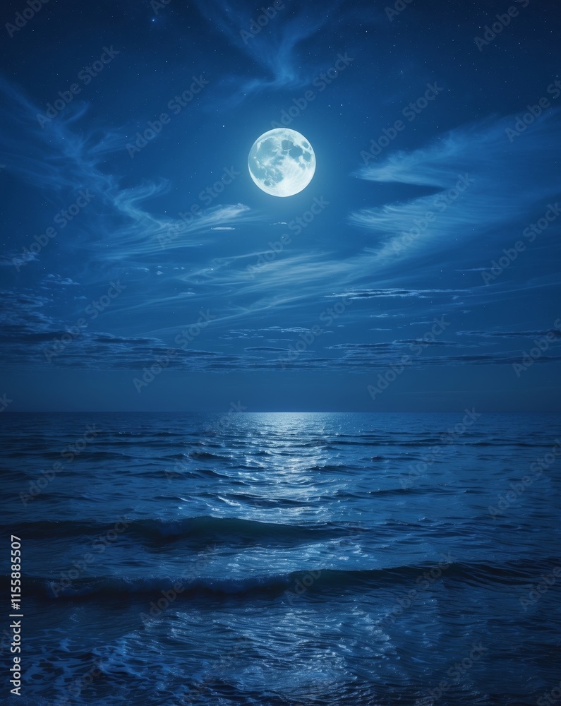 sea view at night Colorful blue sky with clouds and bright full moon sea view at night Colorful blue sky with clouds and bright full moon