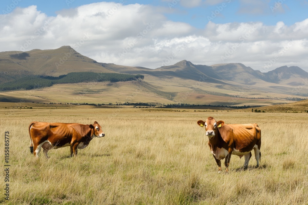 Obraz premium Jersey Cows Grazing in a Verdant South African Meadow Under the Sun