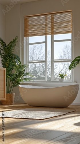 Relaxing bathroom with natural light and greenery in a serene setting