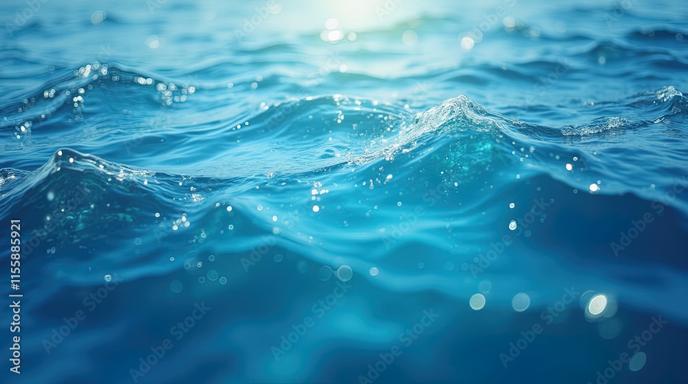 Obraz premium De-focused transparent dark blue colored clear calm water surface texture with splashes and bubbles. Trendy abstract nature background. Water waves in sunlight with copy space.