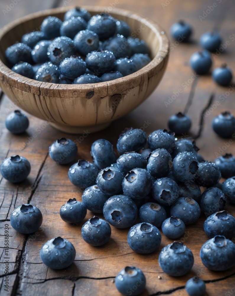 Ripe blueberries spilling out of a wooden bowl onto a rustic table create a vibrant and appetizing scene Ripe blueberries spilling out of a wooden bowl onto a rustic table create a vibrant and appetizing scene