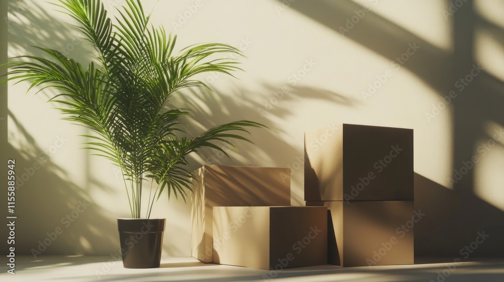 Cardboard Boxes and a Potted Plant in a Bright Apartment Setting Cardboard Boxes and a Potted Plant in a Bright Apartment Setting