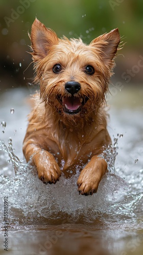 Brown dog joyfully splashing in water during sunny afternoon play time