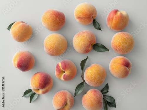 Fresh peaches in vibrant colors showcasing their beautiful skin texture from an overhead view photo