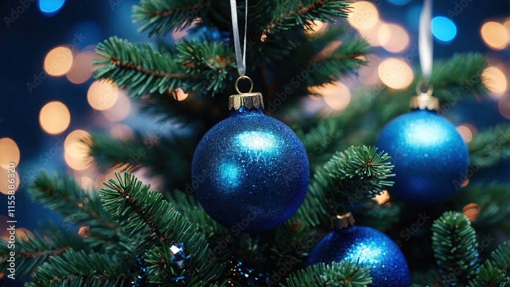 Christmas Tree With Ornaments In Blue And Bokeh Lights - Real Fir Branches With Glittering In Abstract Defocused Background - This Image Contain 3d Rendering Elements Christmas Tree With Ornaments In Blue And Bokeh Lights - Real Fir Branches With Glittering In Abstract Defocused Background - This Image Contain 3d Rendering Elements
