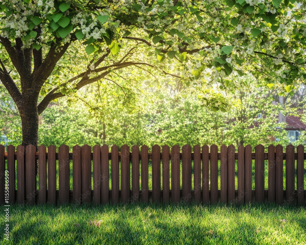 Charming Spring Scene: Wooden Garden Fence Framing a Lush Backyard with Green Grass and Blooming Trees Charming Spring Scene: Wooden Garden Fence Framing a Lush Backyard with Green Grass and Blooming Trees