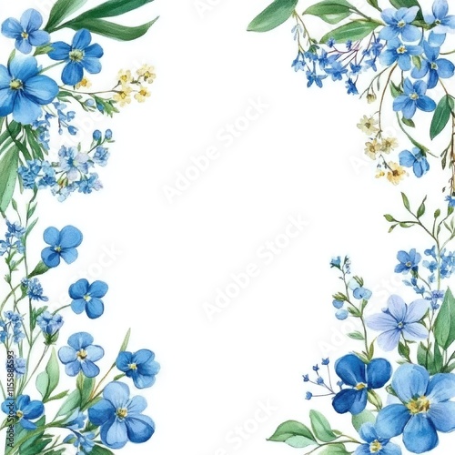 Handcrafted Watercolor Chaplet with Blue Wildflowers, Framing Nature's Beauty on a Rustic White Canvas
