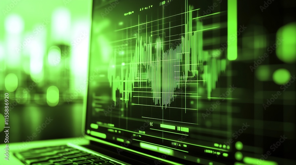 Modern Laptop with Green Digital Financial Analytics Display in Workspace : Generative AI