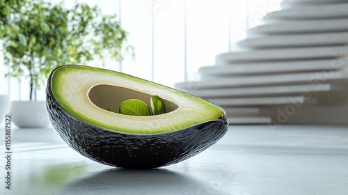 Halved avocado with small green leaves inside, sitting on a white surface.