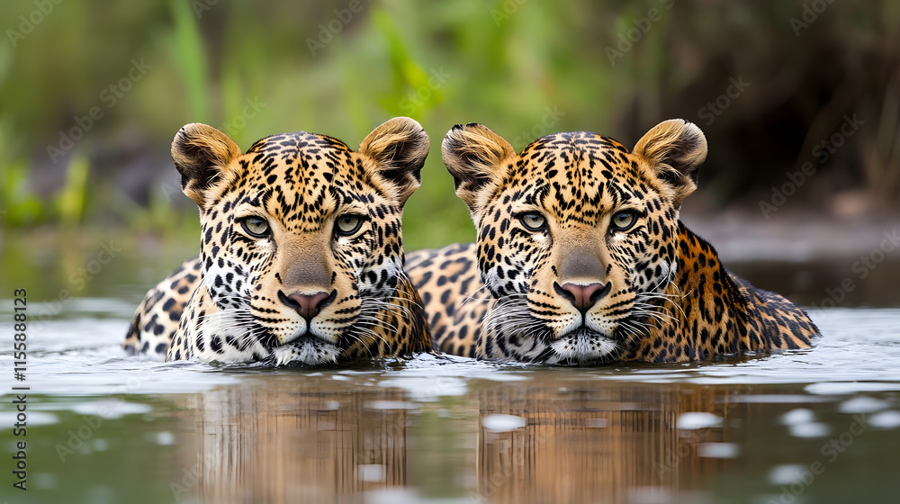 Naklejka premium Two Leopards in a River in Africa