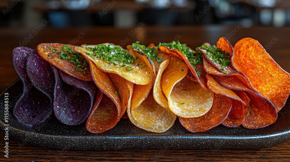 Colorful vegetable chips arranged on a dark plate. (1) Colorful vegetable chips arranged on a dark plate. (1)