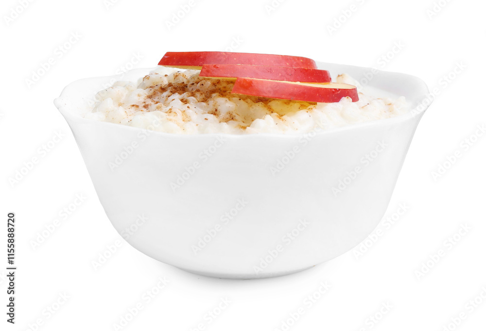 Delicious rice pudding with cinnamon and apple isolated on white Delicious rice pudding with cinnamon and apple isolated on white