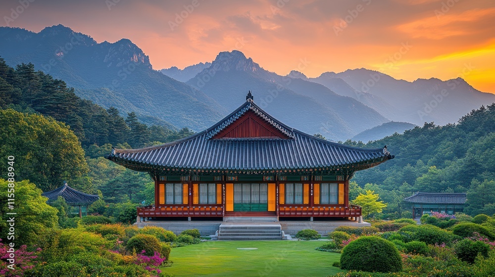 Obraz premium Serene sunset view of a traditional Korean pavilion nestled in a lush garden with mountains in the background.