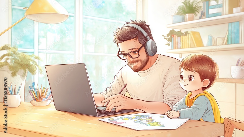 A man is sitting at a desk with a laptop and a child is sitting next to him A man is sitting at a desk with a laptop and a child is sitting next to him