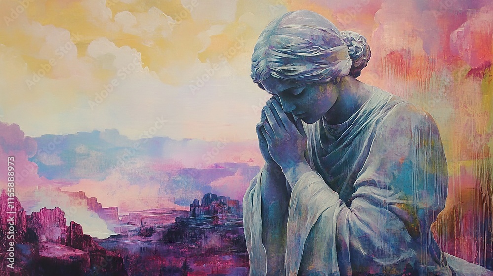 Obraz premium Serene Statue: A Painting of Prayer, Hope, and Faith
