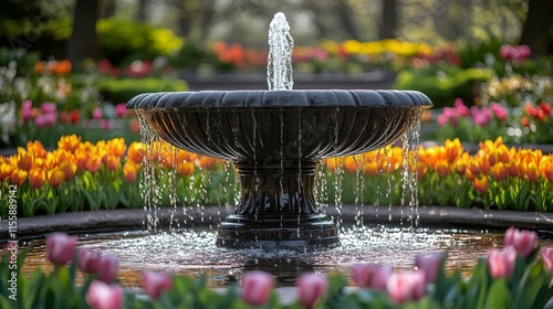 Vibrant spring fountain surrounded by colorful tulips in a lush garden setting