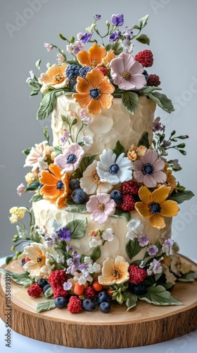 Beautifully decorated three-tier cake adorned with vibrant flowers and fruits