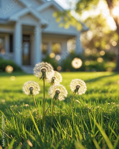 Dandelions bloom in the grass in front of a suburban home in the afternoon photo