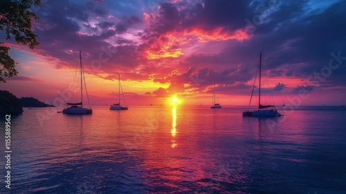 Stunning sunset with multiple sailboats on calm water creating a peaceful atm...