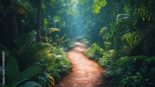 Lush tropical pathway amidst vibrant foliage in a sunlit forest