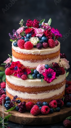Beautifully decorated three-tier cake adorned with vibrant flowers and fruits