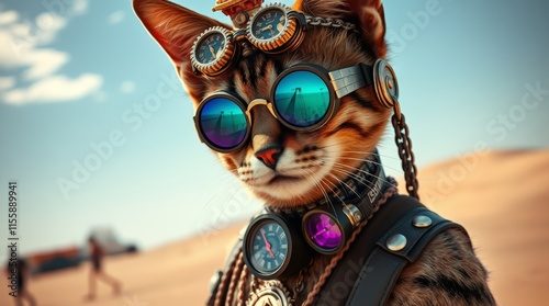 Artistic steampunk cat in a desert scene of burning festival with bold, futuristic elements