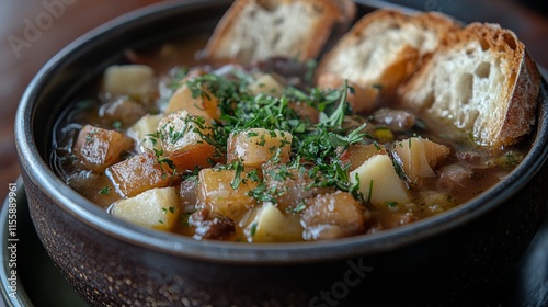 Hearty vegetable soup served with crusty bread, perfect for a cozy meal on a ...