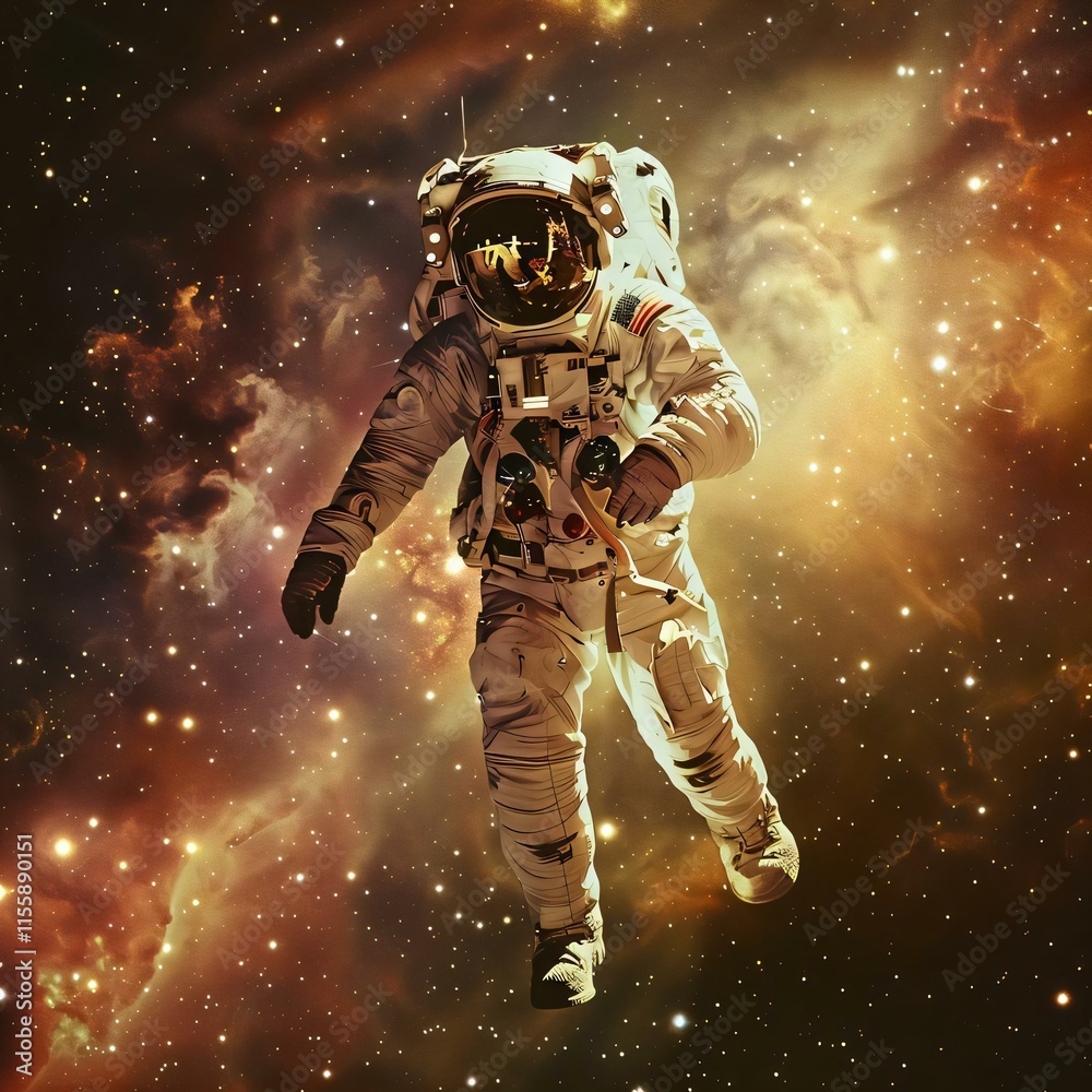 Fototapeta premium An astronaut floats space wearing white space suit clear visor surrounded stunning display stars nebulae gradient blues oranges