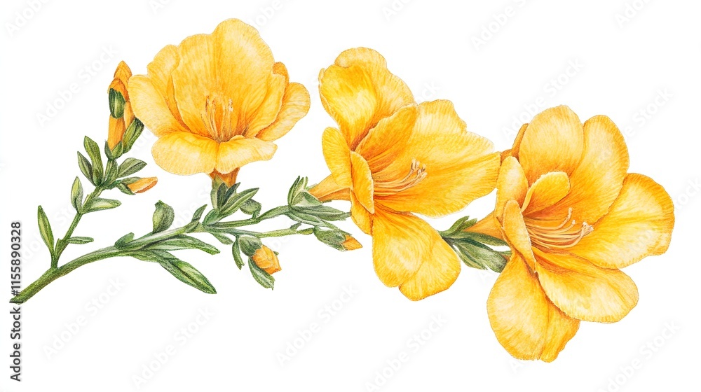 Vivid Yellow Flowers Branch Botanical Illustration Vivid Yellow Flowers Branch Botanical Illustration