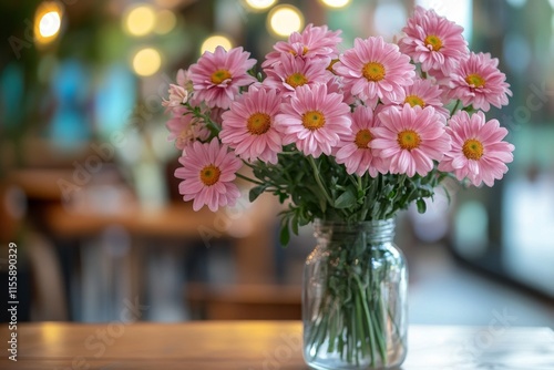 Beautiful arrangement of pink roses and flowers in a glass vase on a table