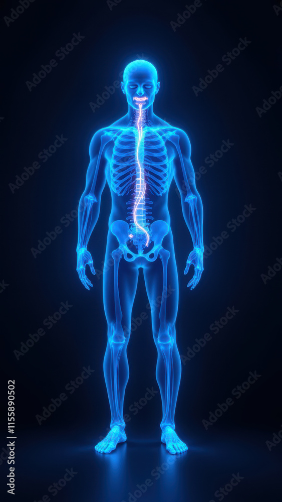 An illustration of a human body with an emphasis on a highlighted blue vagus nerve system, showing its path through the body. An illustration of a human body with an emphasis on a highlighted blue vagus nerve system, showing its path through the body.