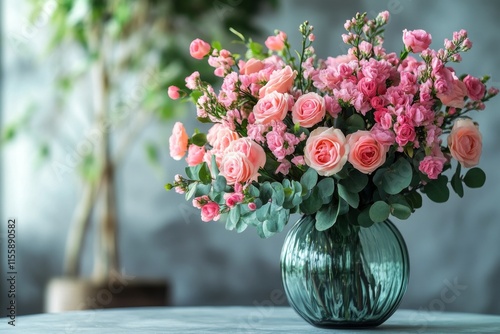Beautiful arrangement of pink roses and flowers in a glass vase on a table