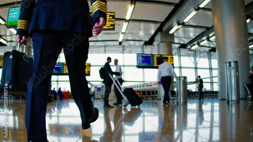 Pilot walking through airport terminal scene footage with luggage