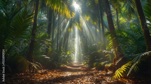 Mystical sunlight beams through a lush forest during early morning hours